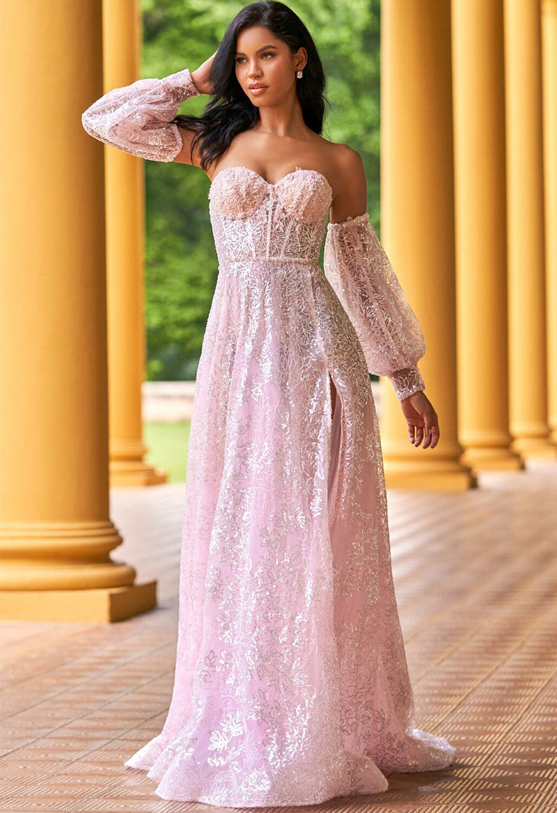A Line Sweetheart Neck Detachable Sleeves Sparkly Lace Slit Floor Length Prom Dress