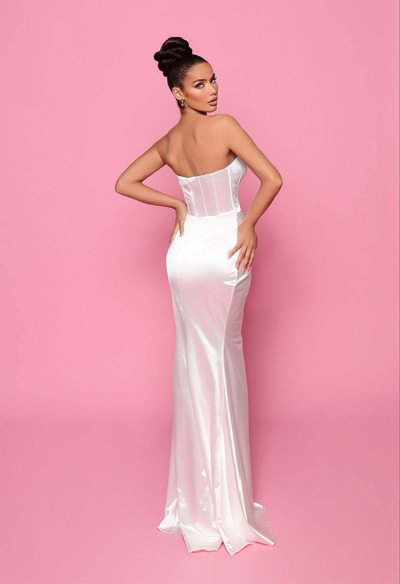 Sheath Satin Off The Shoulder Pleated Split Floor Length Evening Dress