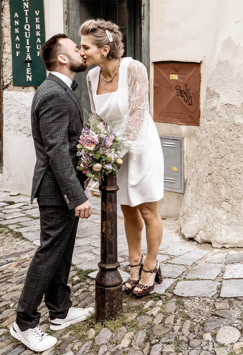 Square Neck Vintage Lantern Sleeve Knee Length Sheath Wedding Dress
