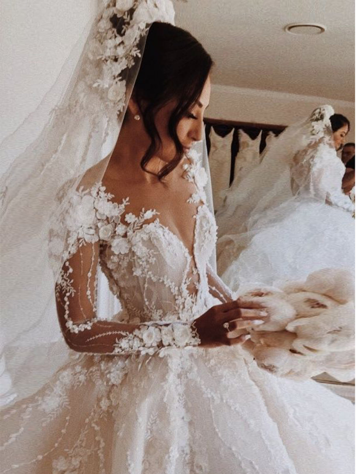 Princess Off-the-shoulder V Neck Lace Romantic Wedding Dress