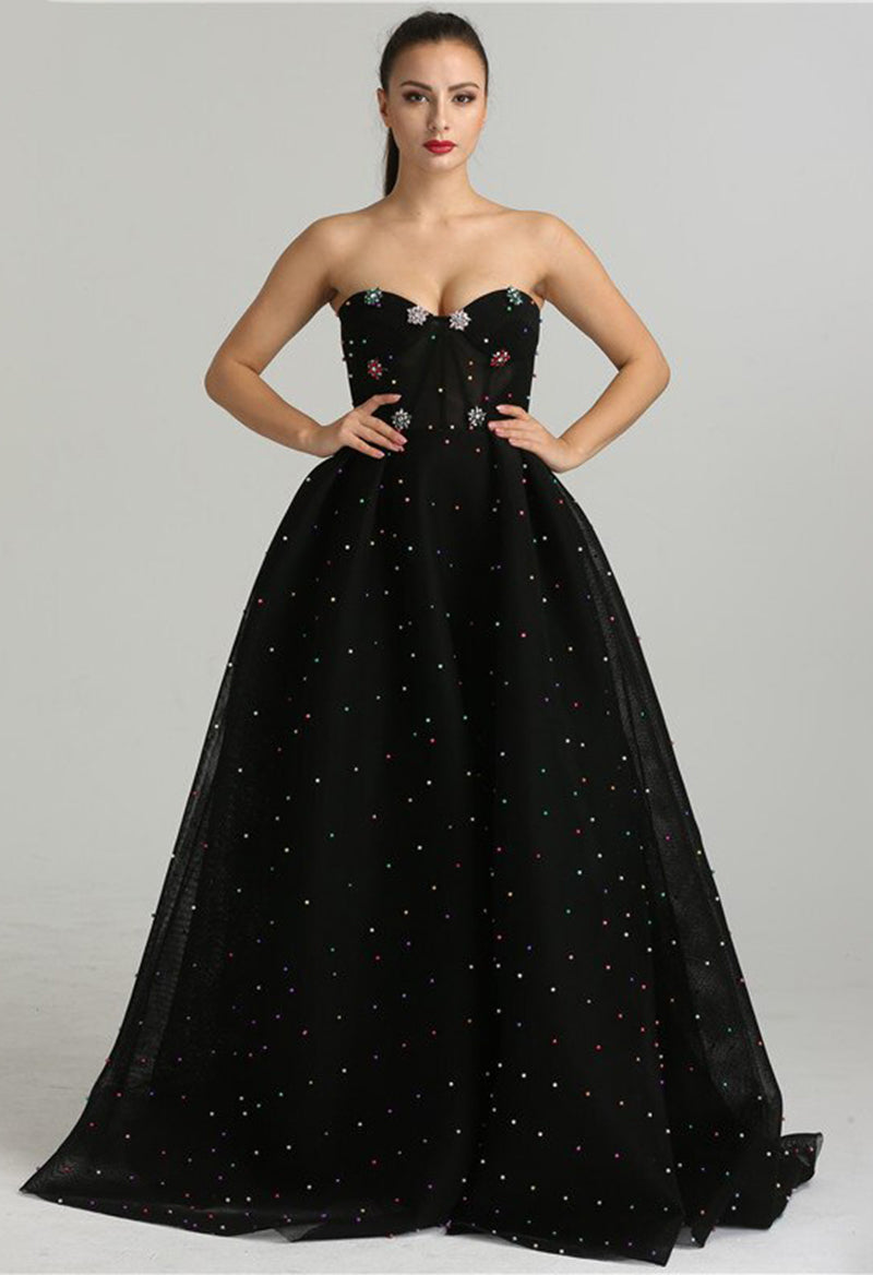 Sweetheart Neck Flower Polka Dot Ball Gown Sleeveless Sweep Train Evening Dress As Picture