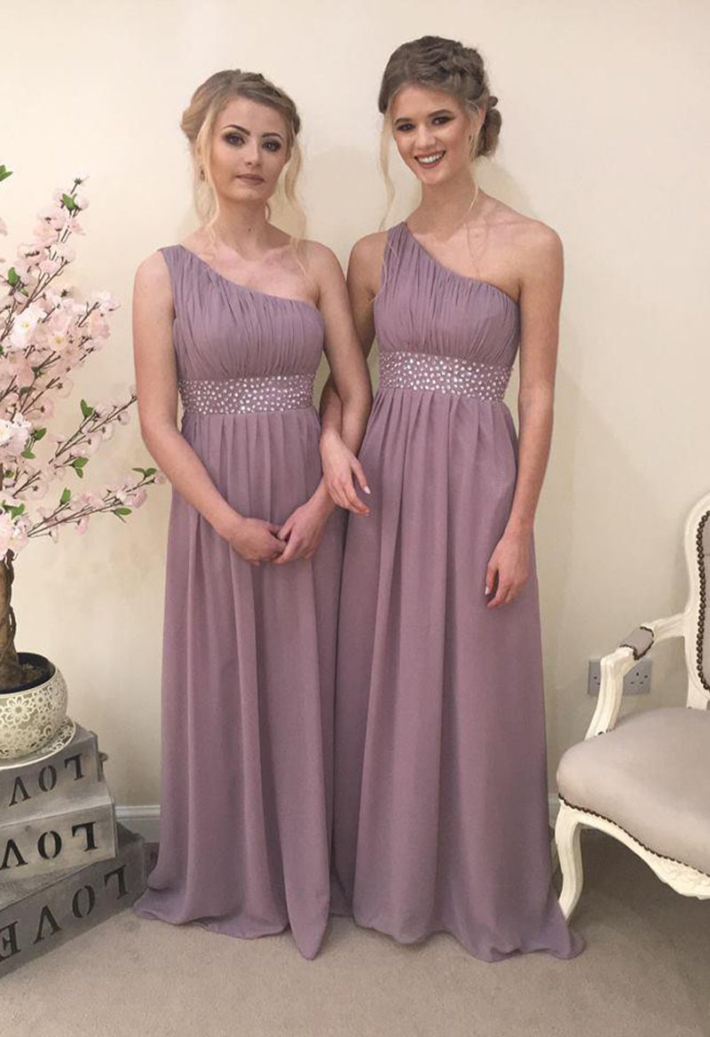 One Shoulder Sleeveless Pleated Sequin Chiffon Floor Length Bridesmaid Dress Purple