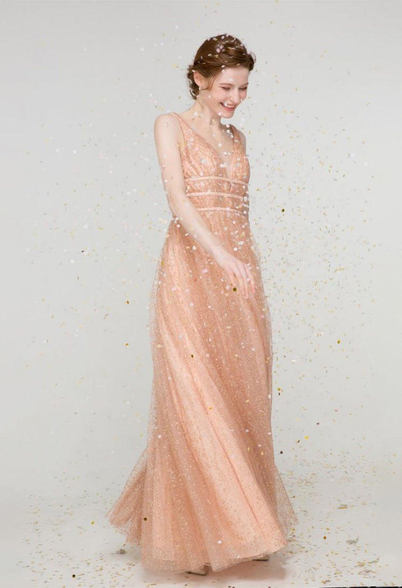 V-Neck Sleeveless Sparkly Tulle A Line Floor Length Bridesmaid Dress