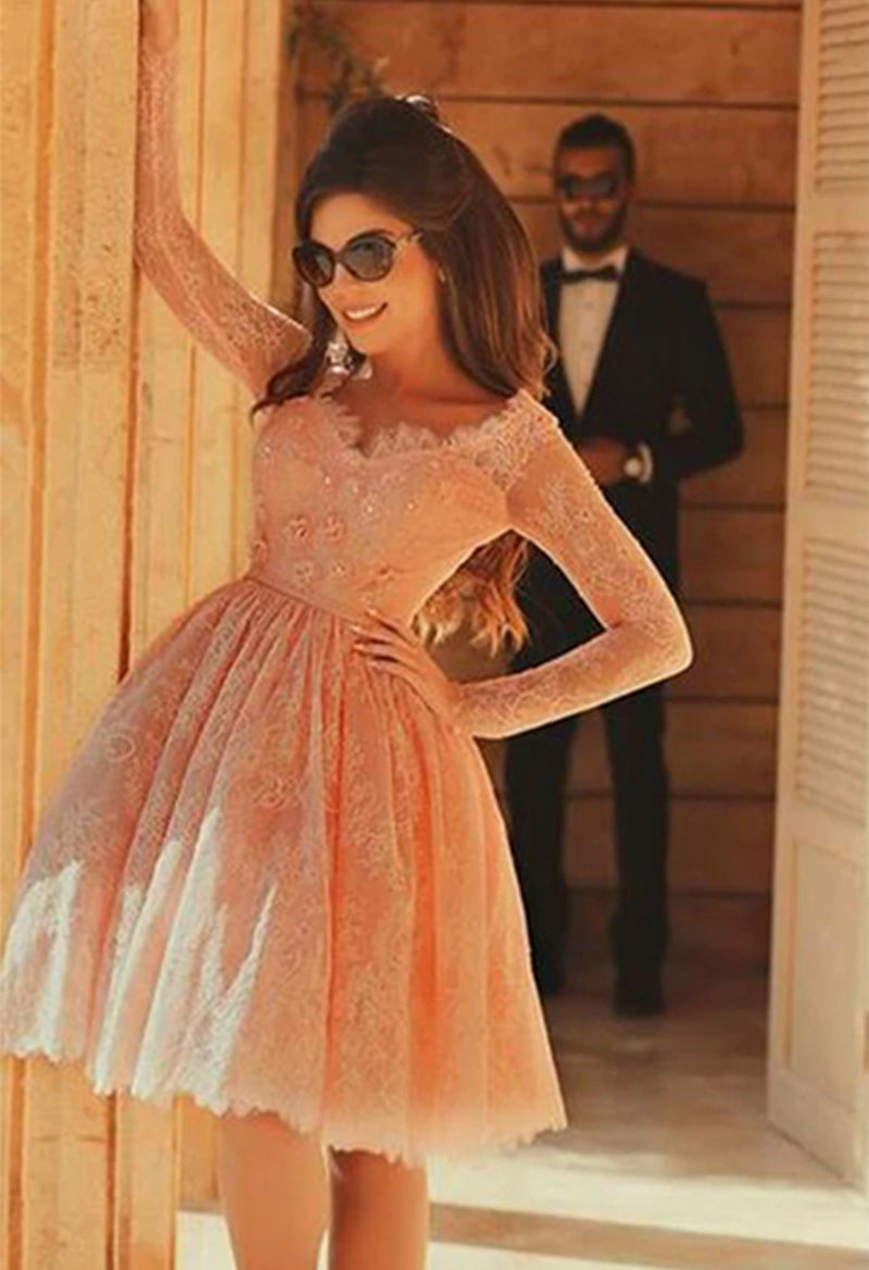 Jeweled Neck Long Sleeve A Line Floral Mini Prom Dress As Picture
