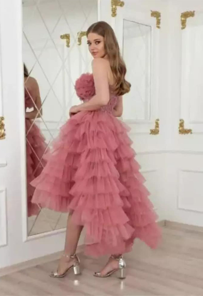 High-Low Off The Shoulder Tulle Tea Length Ball Gown Prom Dress