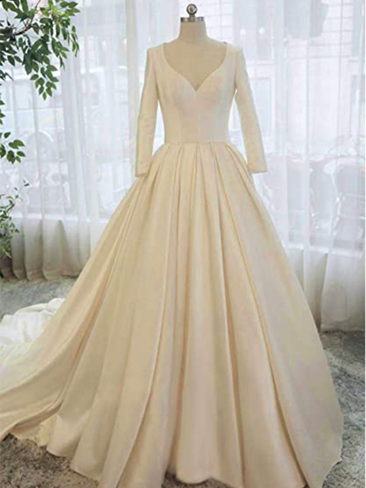 Gold Elegant Satin V Neck Chapel Train Classic Wedding Dress