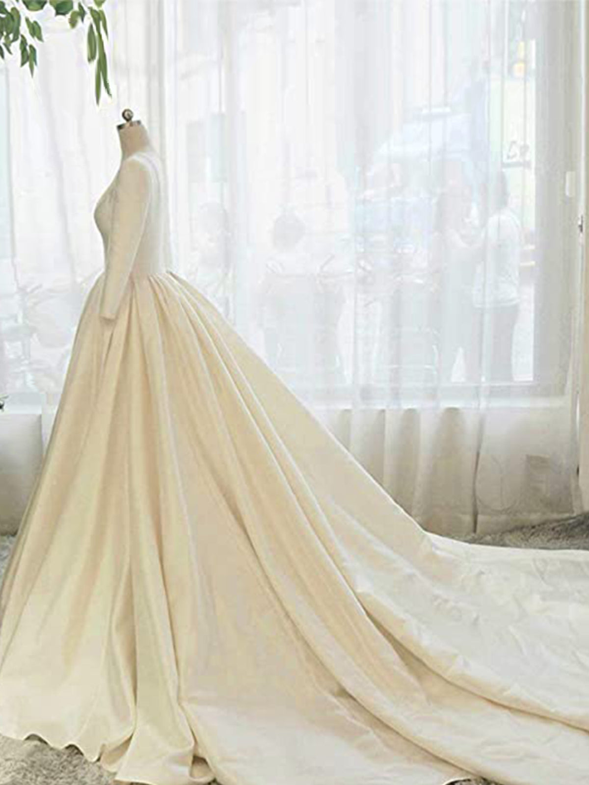 Gold Elegant Satin V Neck Chapel Train Classic Wedding Dress Pandrodressy Gold Elegant Satin V Neck Chapel Train Classic Wedding Dress Pandrodressy