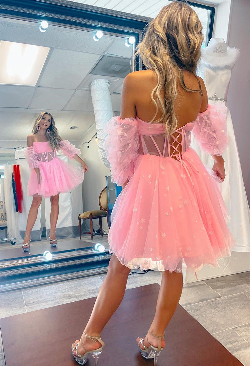 Straight Neck Movable Sleeves Tulle Puff A Line Short Homecoming Dress