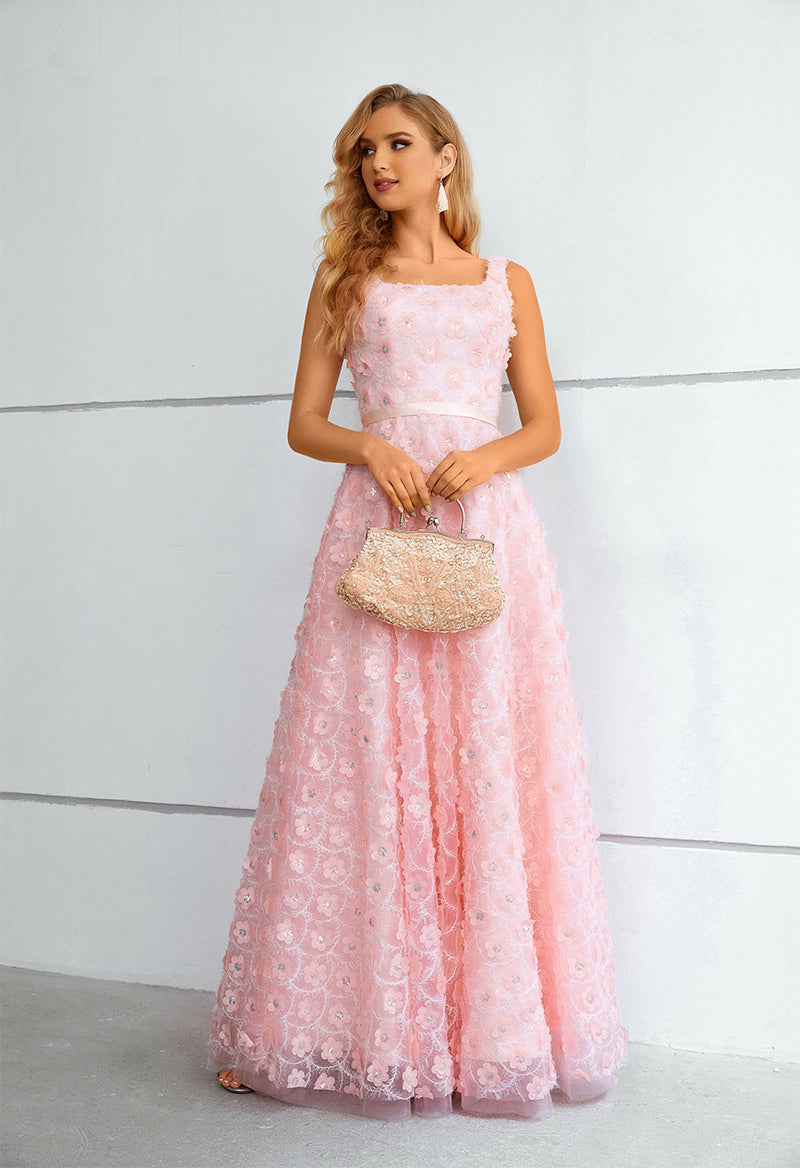 Square Neck Sleeveless A Line Floral Floor Length Evening Dress Pink