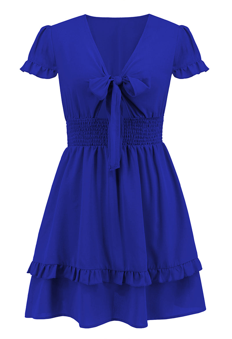 Sexy V-Neck Bowknot Short-Sleeved Mini Dress Blue