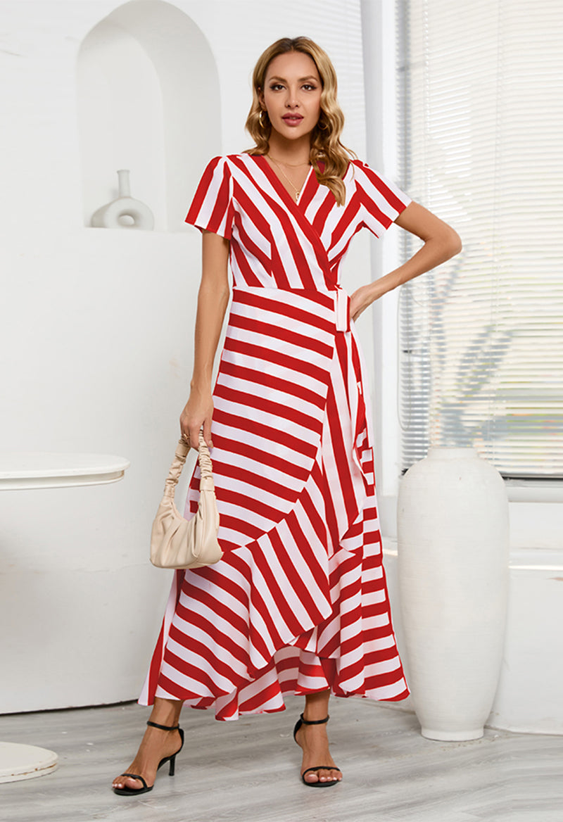 Short Sleeve Stripe Stitching Ankle Length V-Neck A Line Dress Red