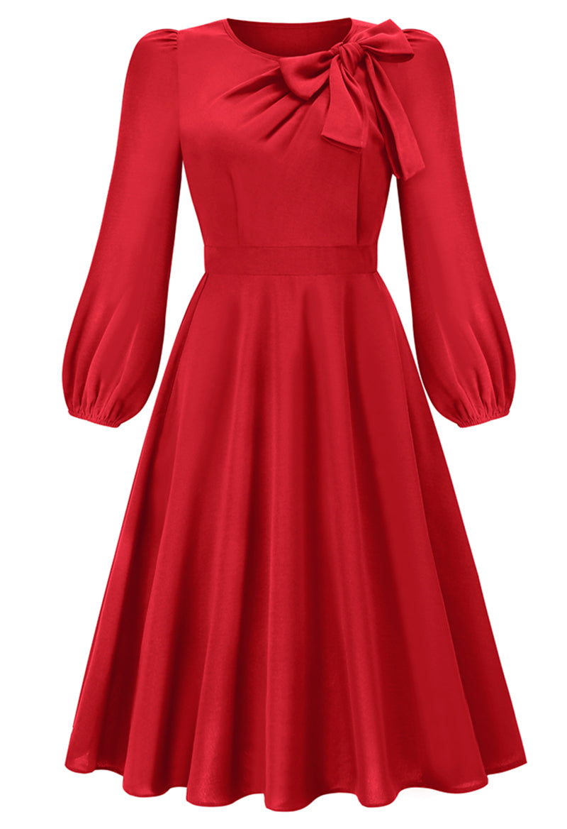 Scoop Neck Bow Long Sleeve A Line Tea Length Dress Red