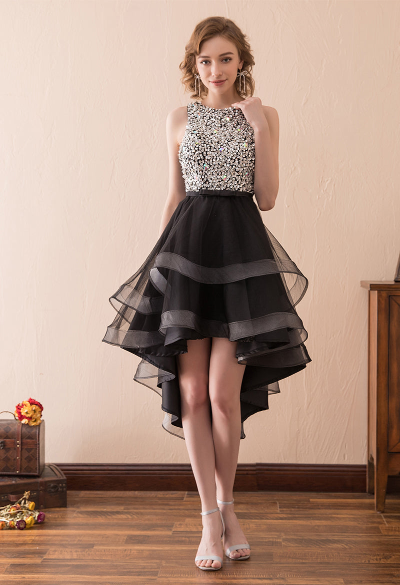 High And Low Key Hole Sequined Sleeveless Scoop Neck Short Prom Dress Black