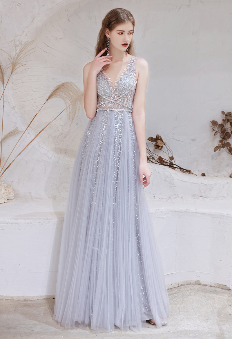 V Neck Sequined Tulle Sleeveless A Line Floor Length Evening Dress With Feather Wrap