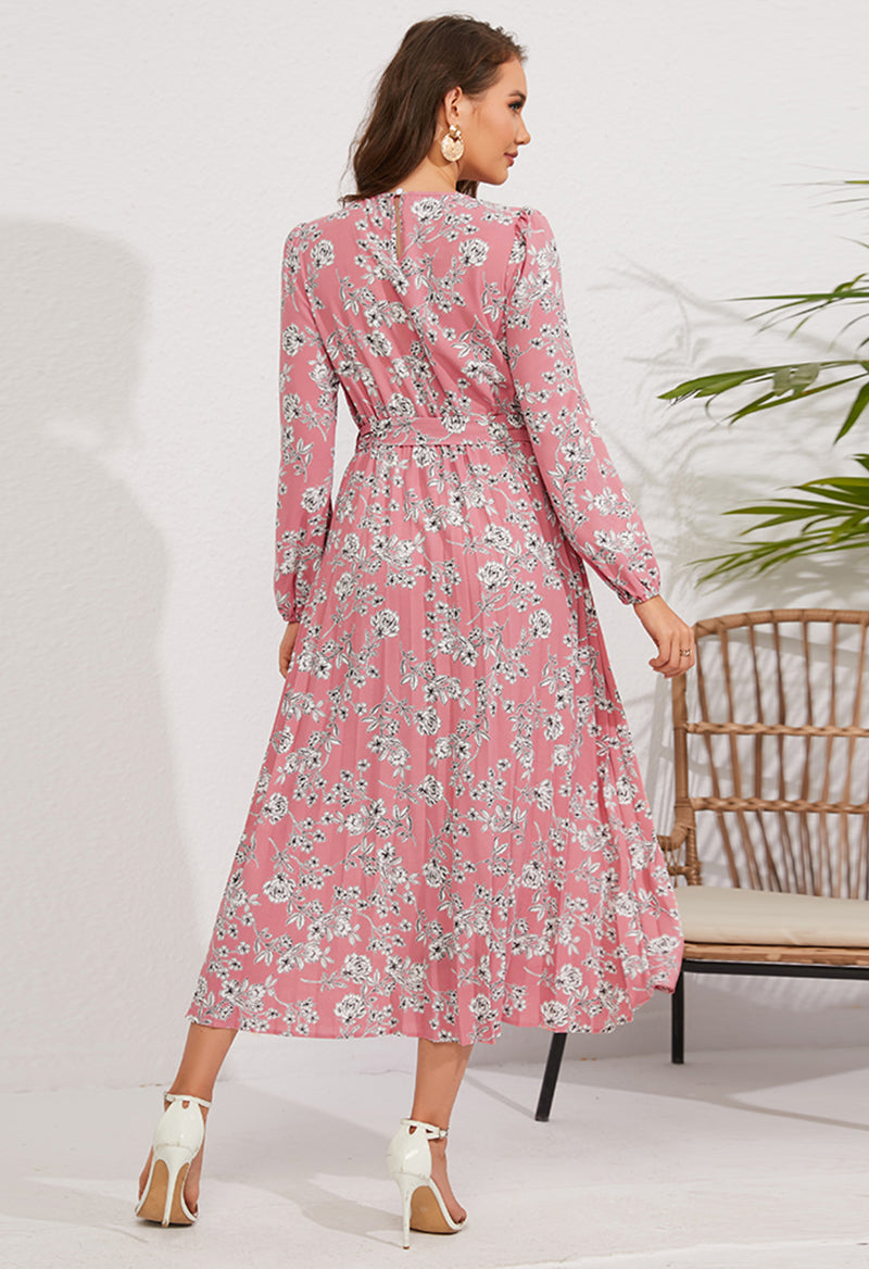 Scoop Neck Floral Bow Long Sleeve Ankle Length A Line Dress