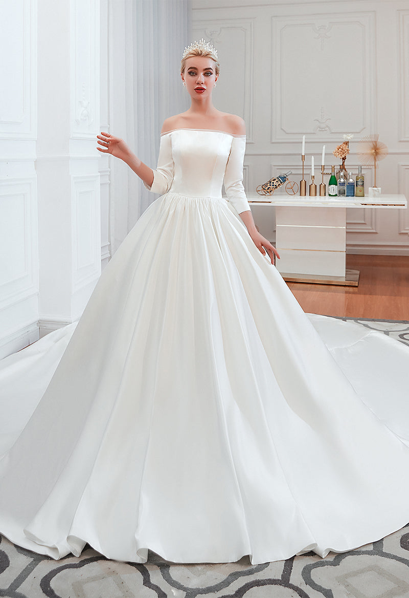 Luxury Off The Shoulder Satin 3/4 Sleeve Ball Gown Cathedral Train Wedding Dress