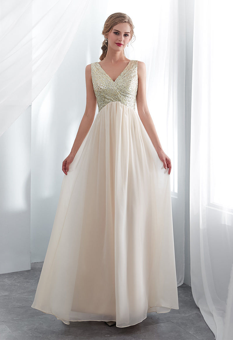 V-Neck Pleated Sequined Chiffon Sleeveless Backless Prom Dress