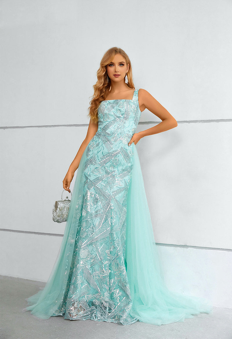 Square Neck Sparkly Lace Sleeveless Floor Length Evening Dress With Detachable Wrap Green