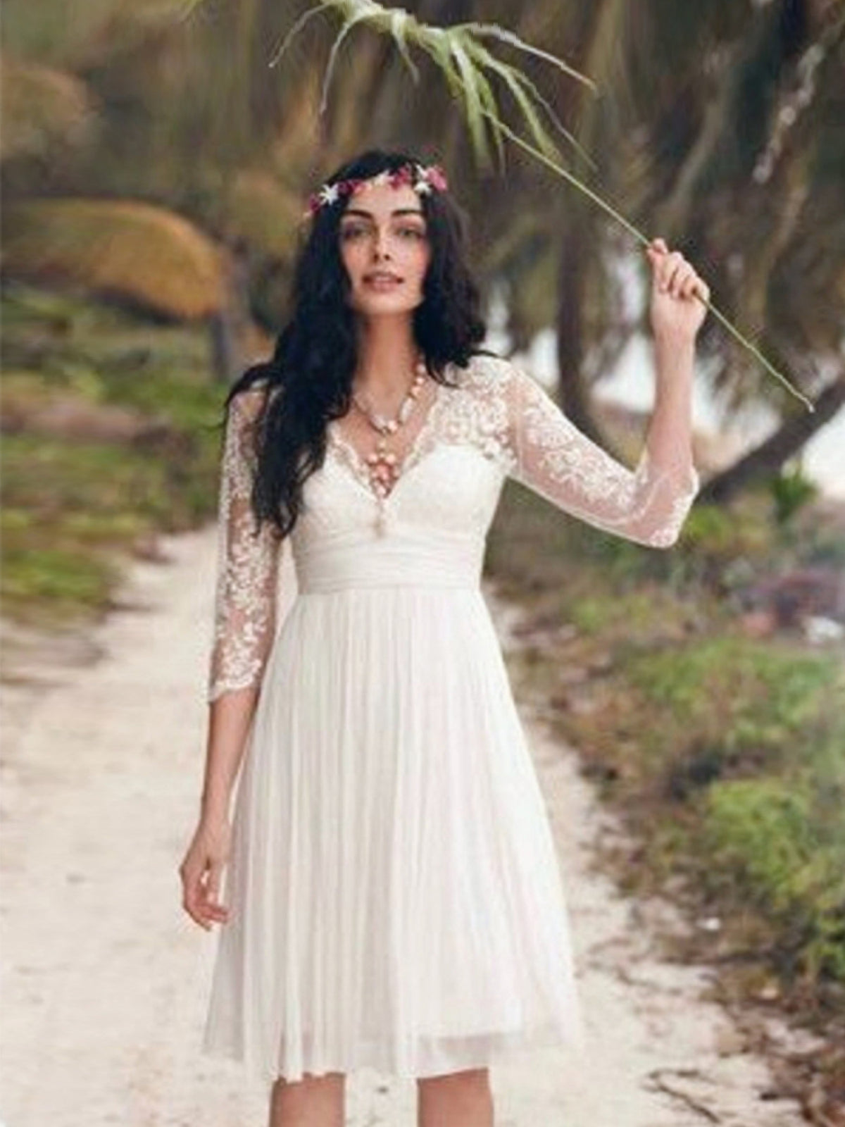 Simple V Neck Short Aline Long Sleeve Wedding Dress