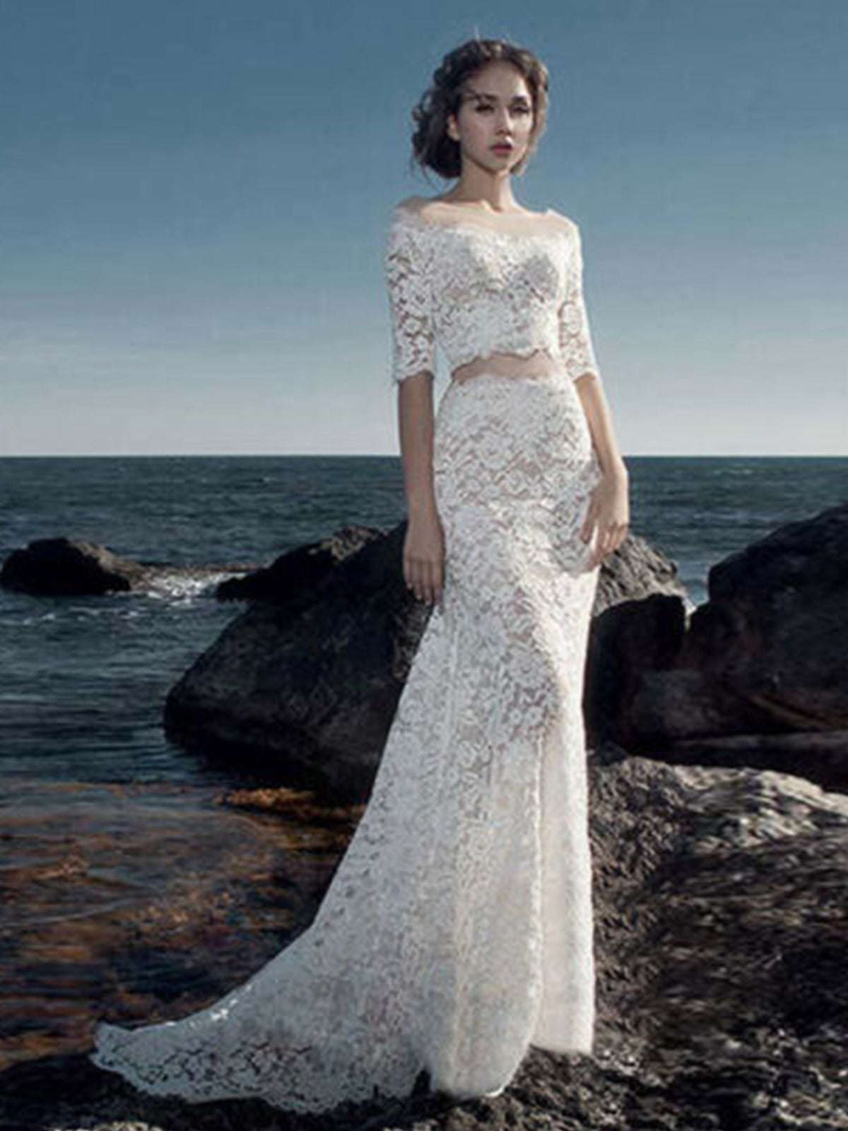 Romantic Two-Piece Lace Bateau Neckline Sheath Wedding Dress