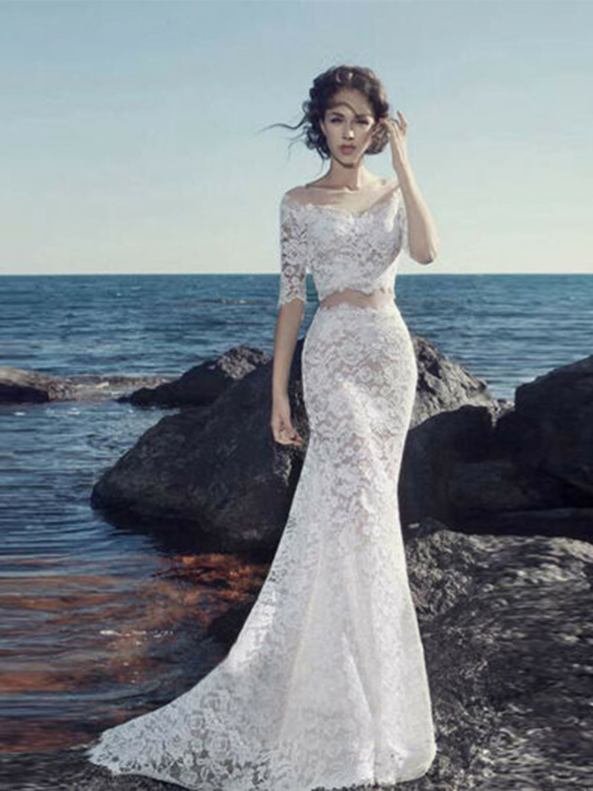 Romantic Two-Piece Lace Bateau Neckline Sheath Wedding Dress As Picture