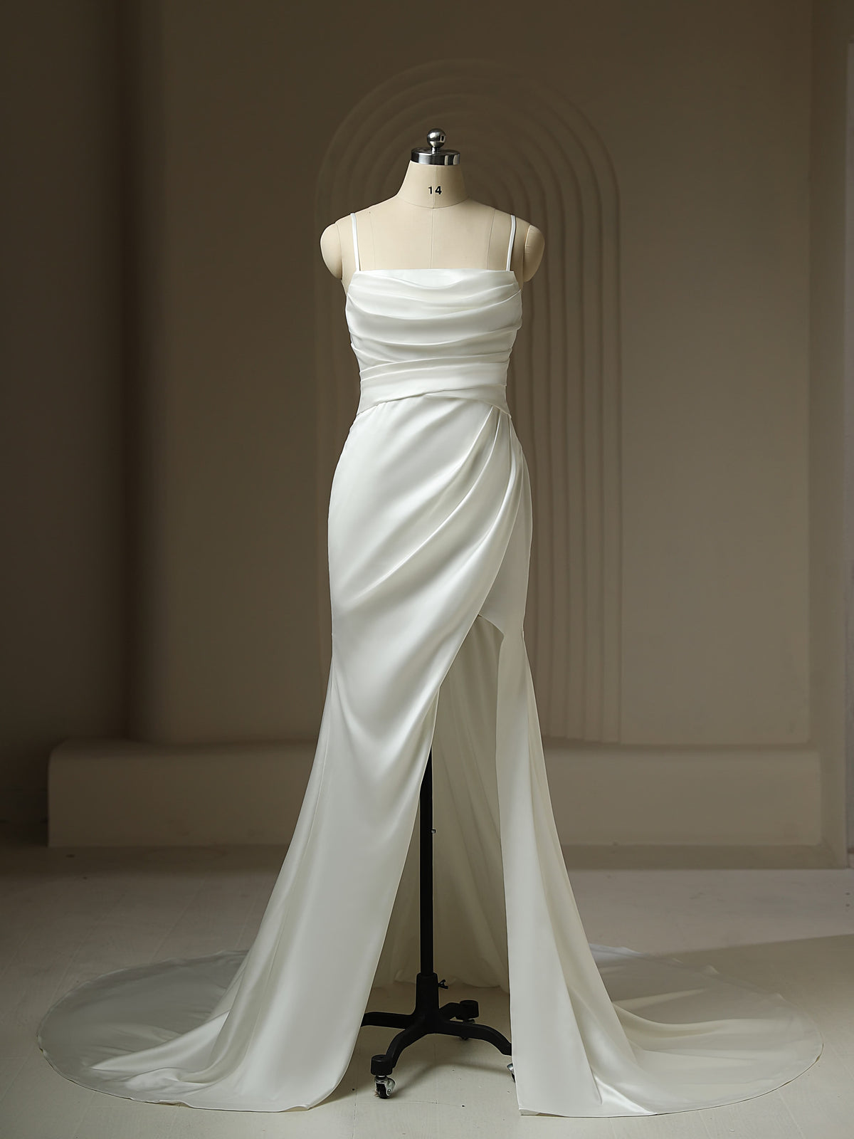 Square Neck Sleeveless Pleated Slit Sheath Court Train Wedding Dress PR3133