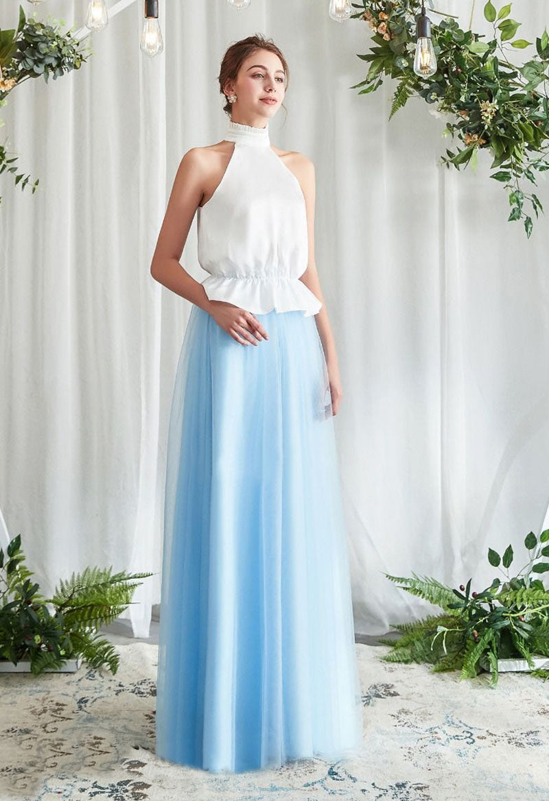 Halter Neck Sleeveless Tulle Chiffon A Line Floor Length Bridesmaid Dress