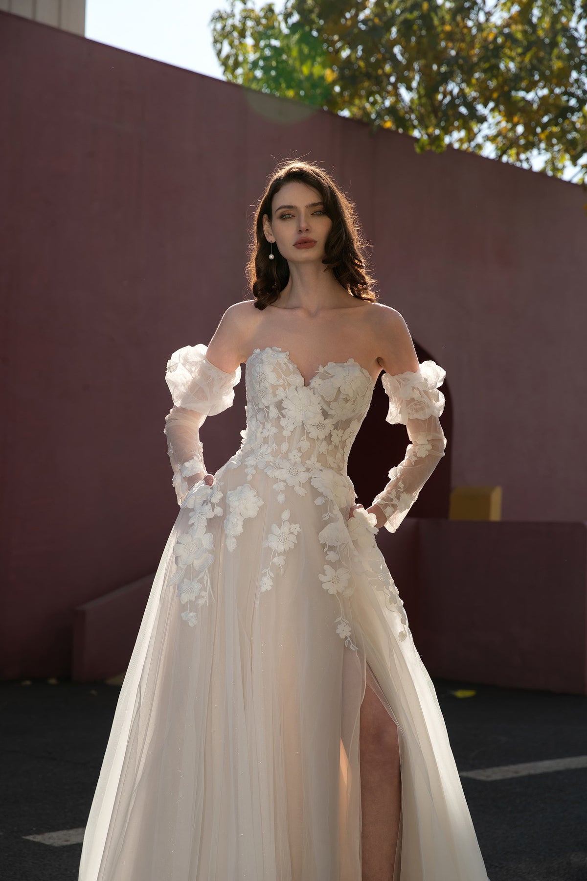 A-Line Strapless 3D Floral Lace Detachable sleeves Wedding Dress PR3270