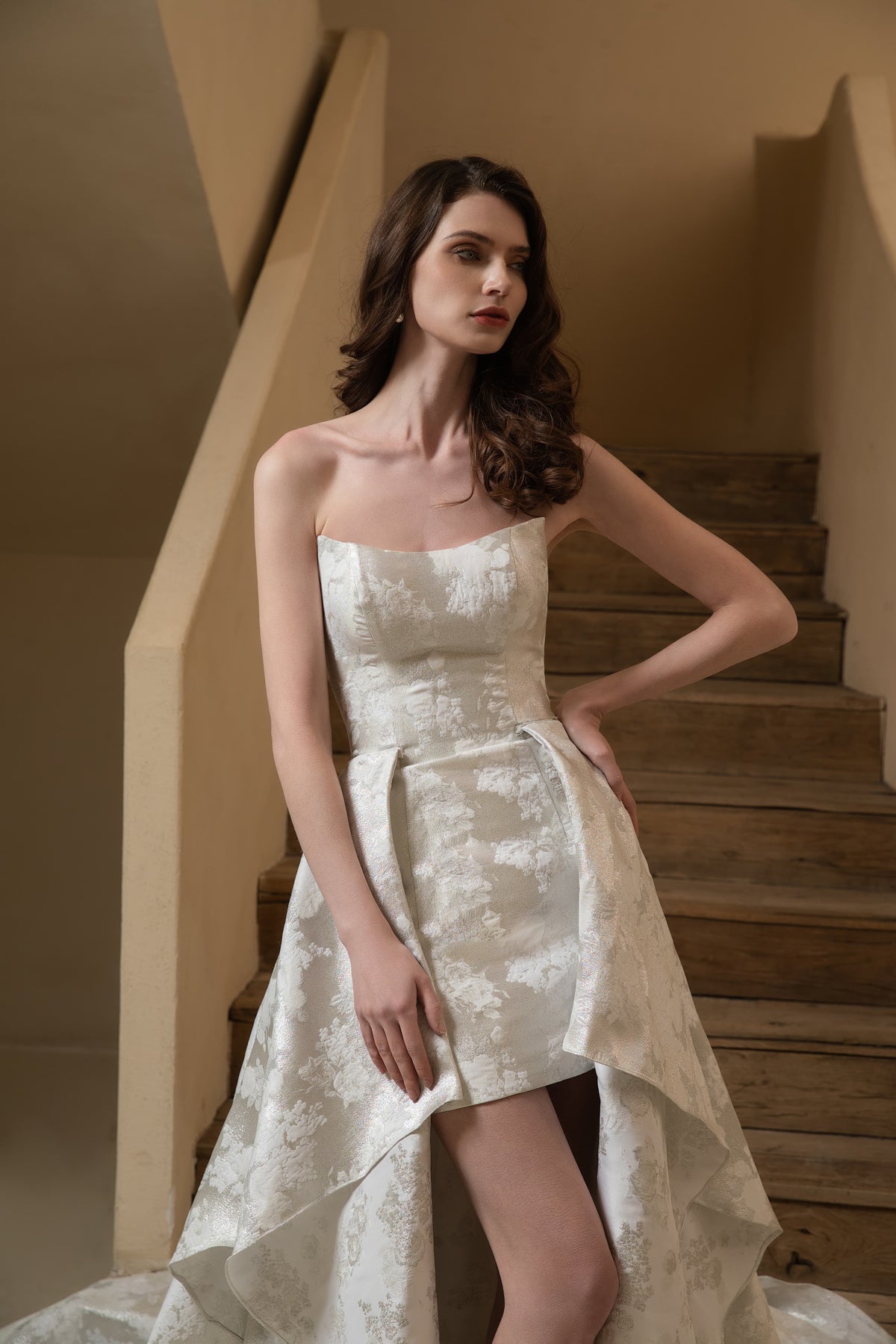 Scoop Neckline Jacquard Satin Wedding Dress With Overskirt PR3287