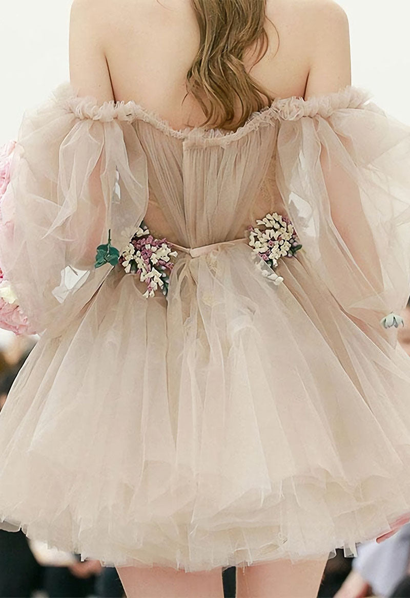 Straight Neck Puff Sleeve Tulle A Line Homecoming Dress