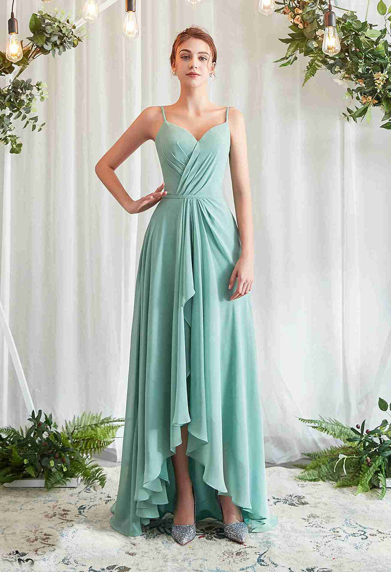 V-Neck Chiffon Shoulder Strap High-Low Sleeveless A Line Floor Length Bridesmaid Dress As Picture