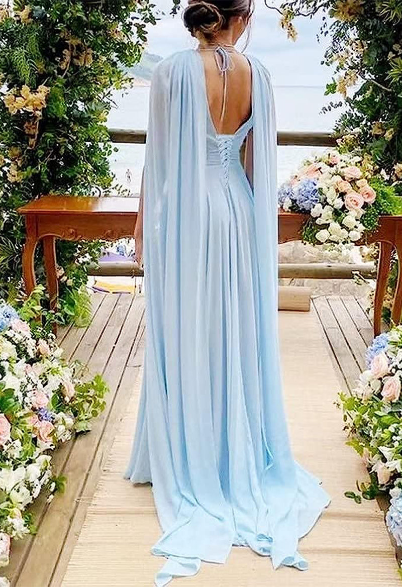 V-Neck Chiffon Fluttering Sleeve A Line Floor Length Weeding Guest Porm Dress