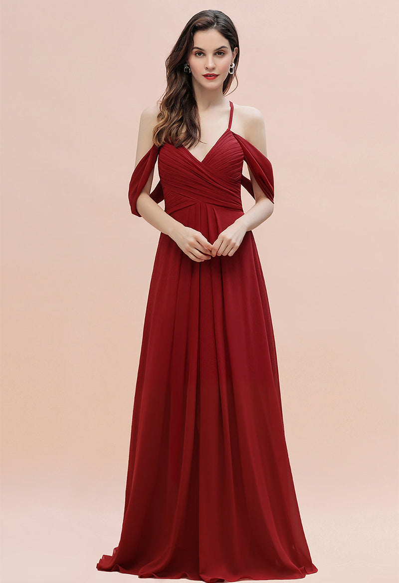 V-Neck Pleated Chiffon Fake Sleeves Cross A Line Floor Length Evening Dress As Picture