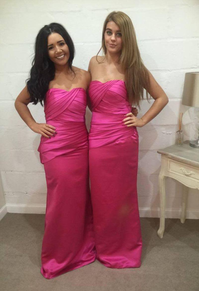 Sweetheart Neck Satin Pleated A Line Floor Length Bridesmaid Dress Pink