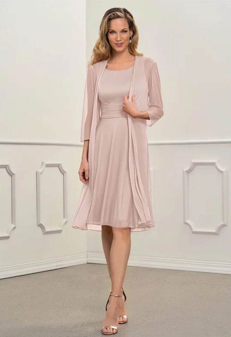 Jewel Neck 3/4 Length Sleeves A-Line Pleated Mother Of The Bride Dress As Picture