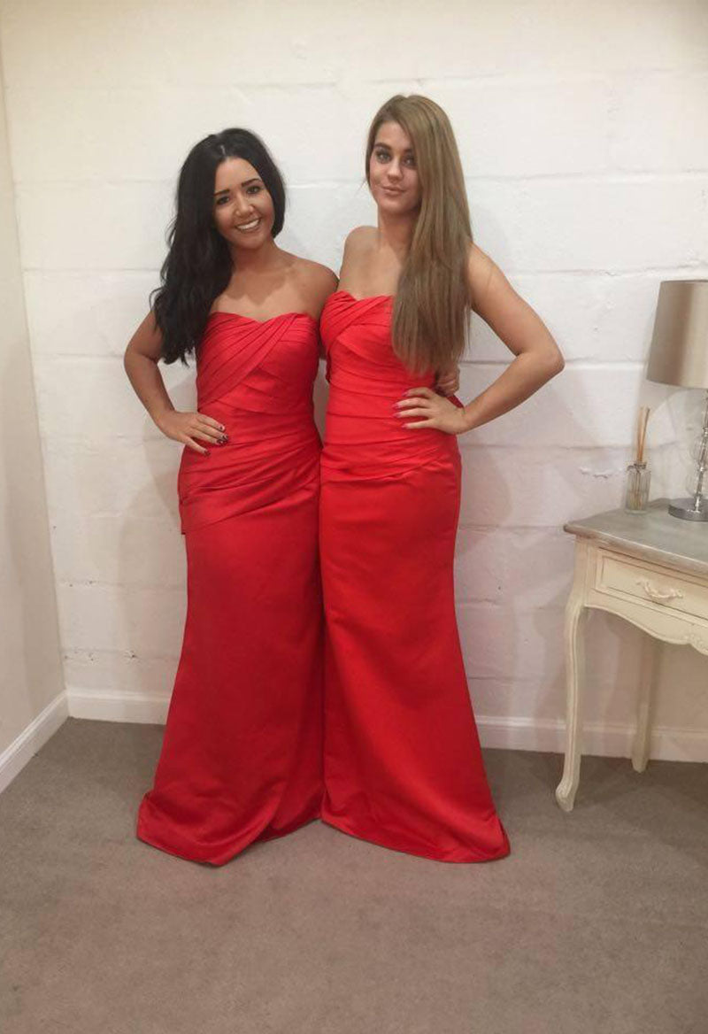 Sweetheart Neck Satin Pleated A Line Floor Length Bridesmaid Dress Red