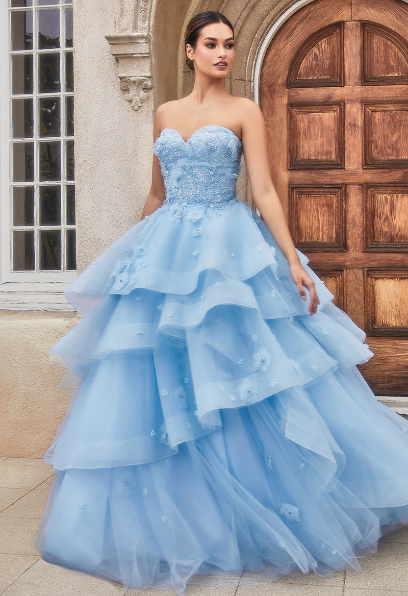 Sweetheart Neck Tulle Sequin 3D Flower A Line Sleeveless Floor Length Prom Dress Blue