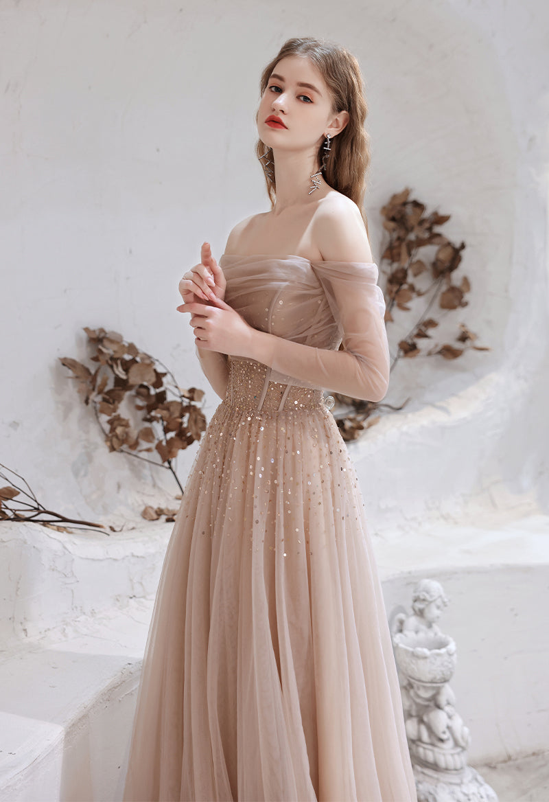 Off The Shoulder Long Sleeve Tulle Sequins A Line Floor Length Evening Dress