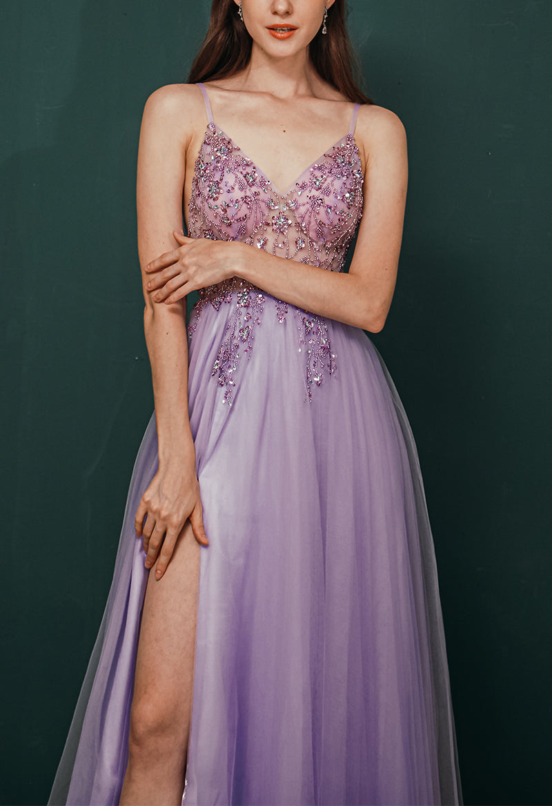 V Neck Sleeveless Tulle Sequin Beading A Line Floor Length Prom Dress