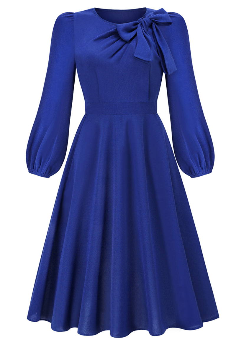 Scoop Neck Bow Long Sleeve A Line Tea Length Dress Blue
