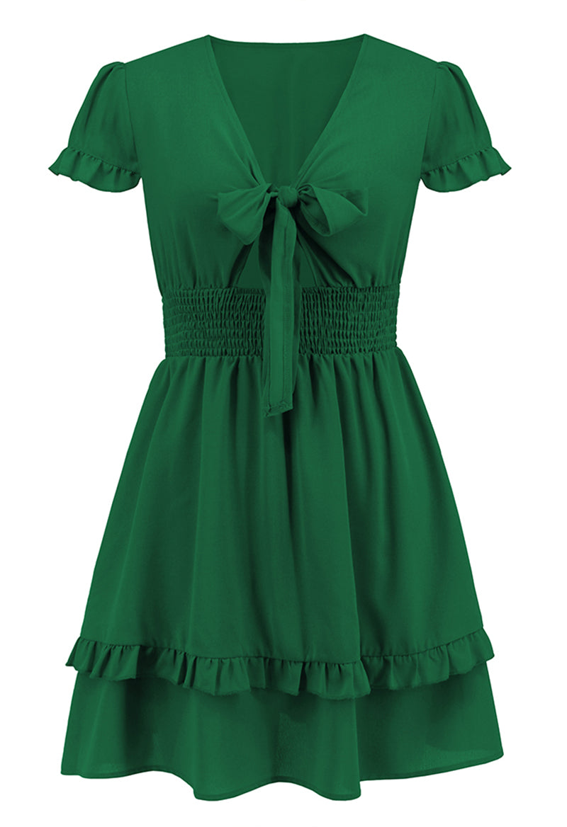Sexy V-Neck Bowknot Short-Sleeved Mini Dress Green