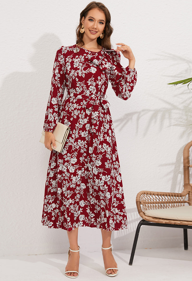Scoop Neck Floral Bow Long Sleeve Ankle Length A Line Dress Wind Red