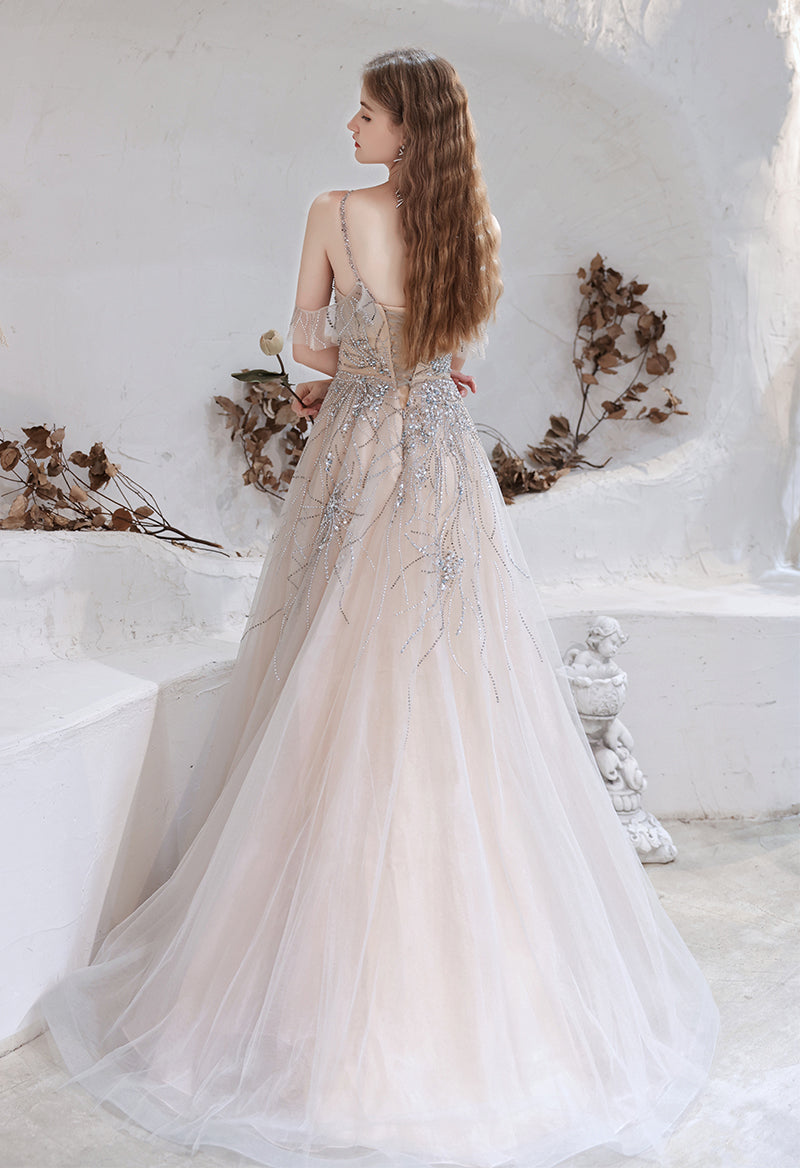 Square Neck Sleeveless Rhinestone Beads Tulle A Line Floor Length Evening Dress