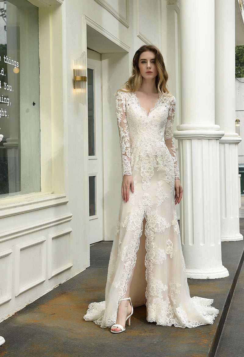 Jewel Neck Long Sleeve Slit Appliquéd Court Train Wedding Dress