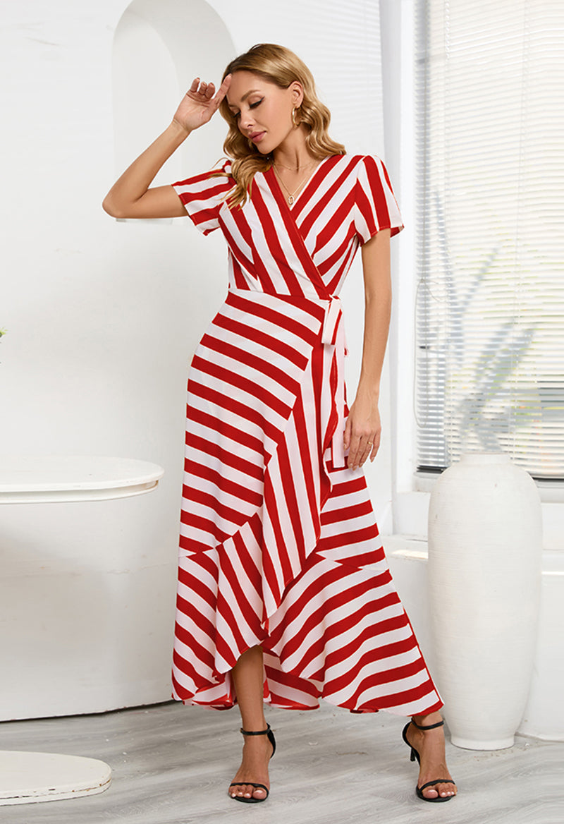 Short Sleeve Stripe Stitching Ankle Length V-Neck A Line Dress