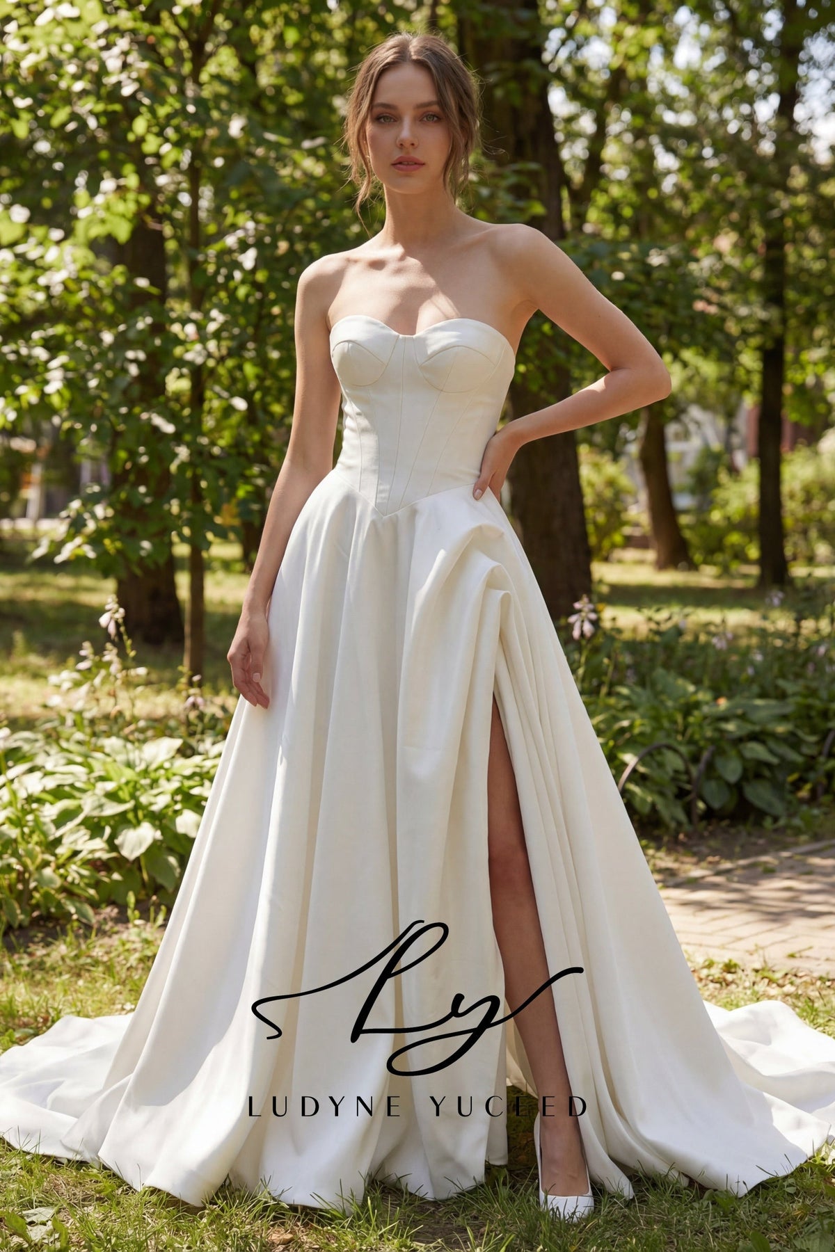 Structured Mikado Strapless Ball Gown with Voluminous Skirt & Front Slit
