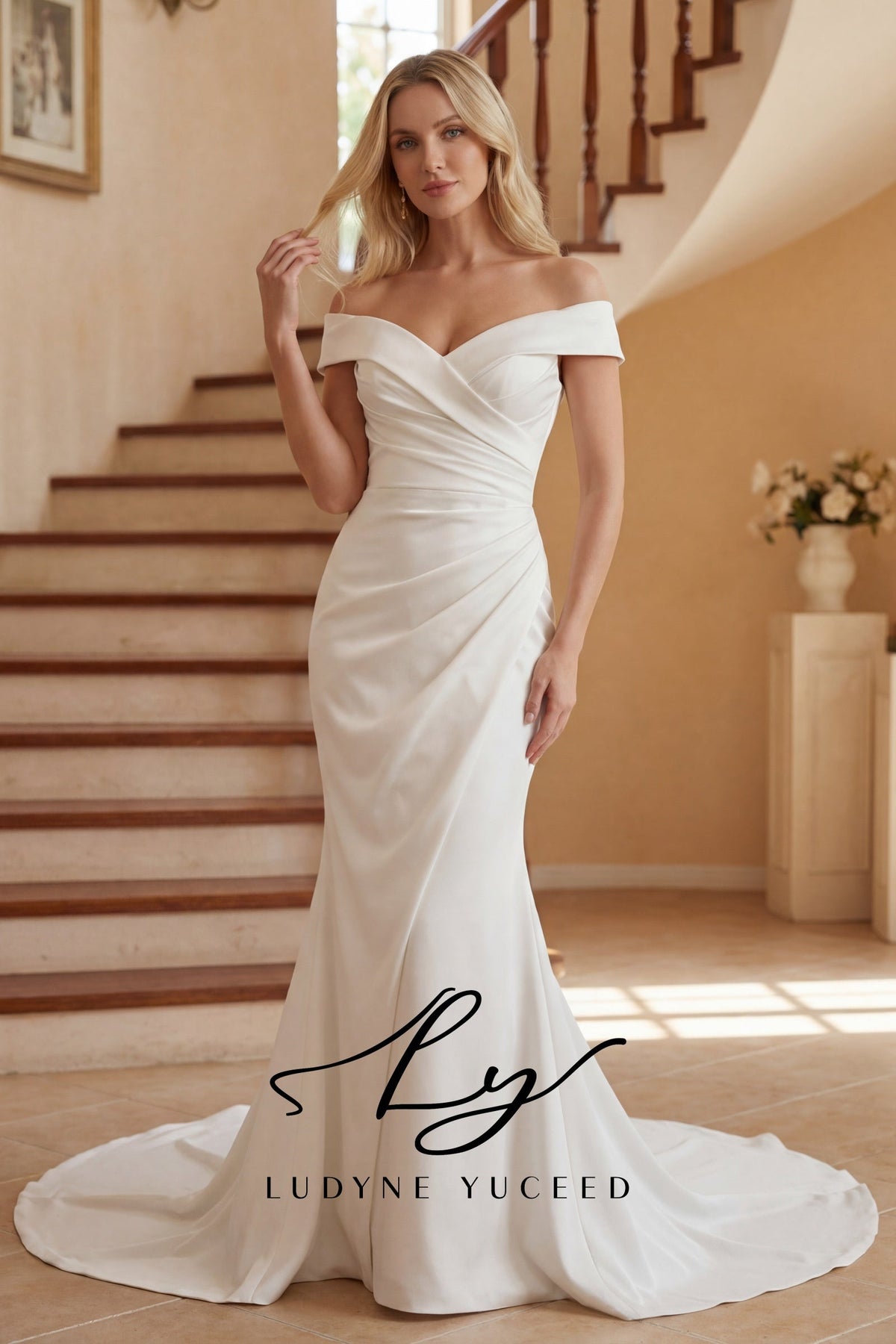 Alluring Off-Shoulder Draped Satin Fit-and-Flare Gown