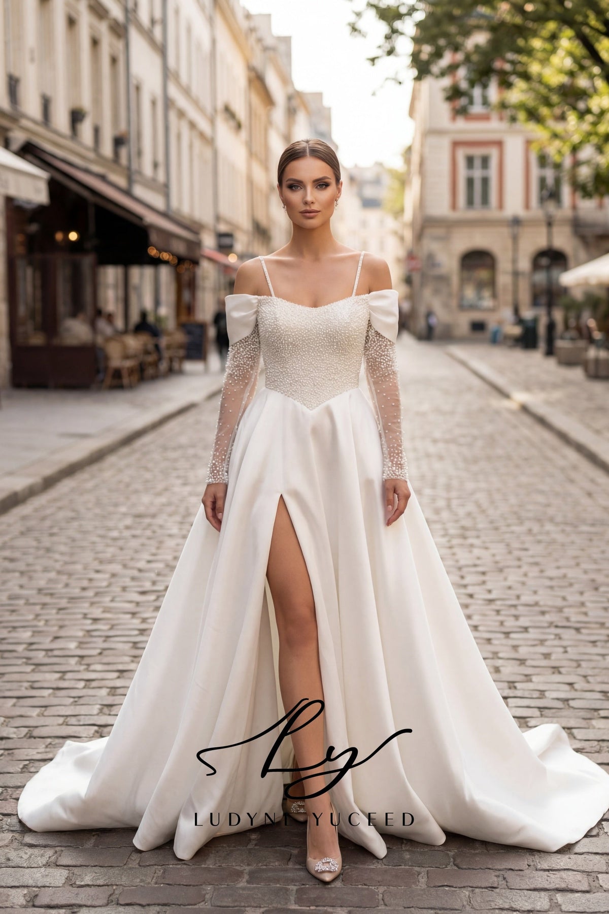 Pearls Bodice Illusion Long-Sleeve A-line with High Side Slit