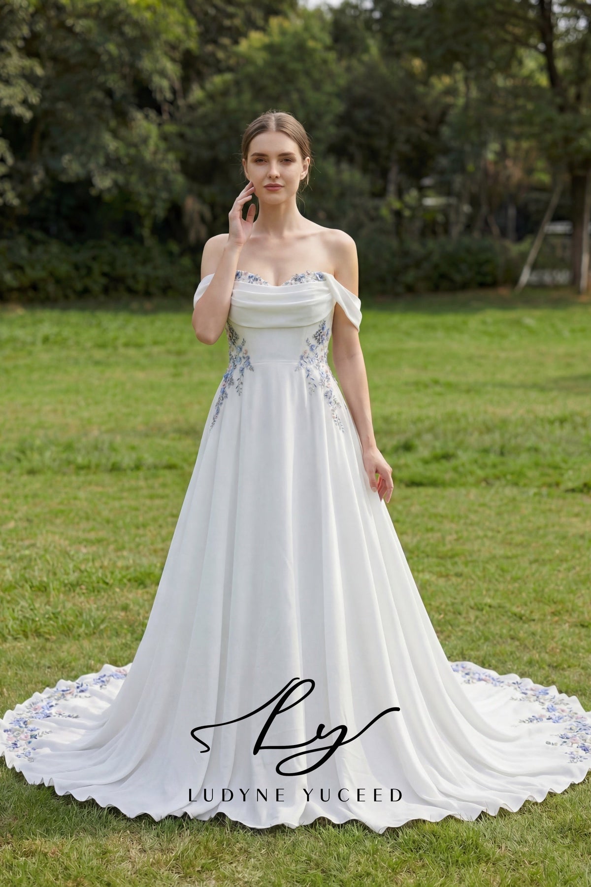 Whispering Garden Off-the-Shoulder Chiffon Wedding Dress