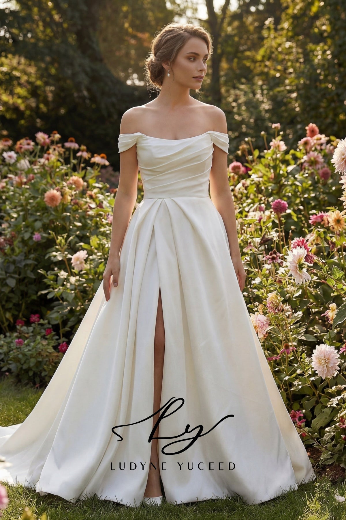 Timeless Off-the-Shoulder Mikado Wedding Gown with Front Slit